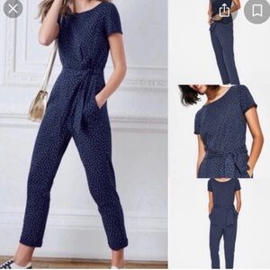 Boden Navy Polka-Dot Short-Sleeve Belted Jumpsuit 12P
